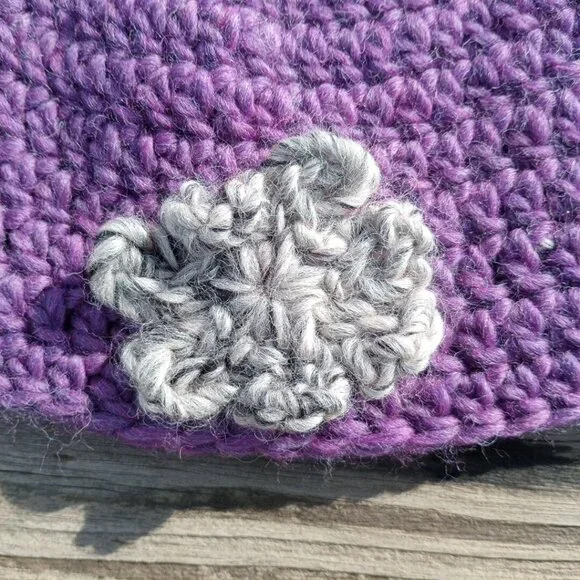 Womens Beanie Cloche Handmade Purple Crochet Hat Gray Brown Flower Pure New Wool - Picture 7 of 11